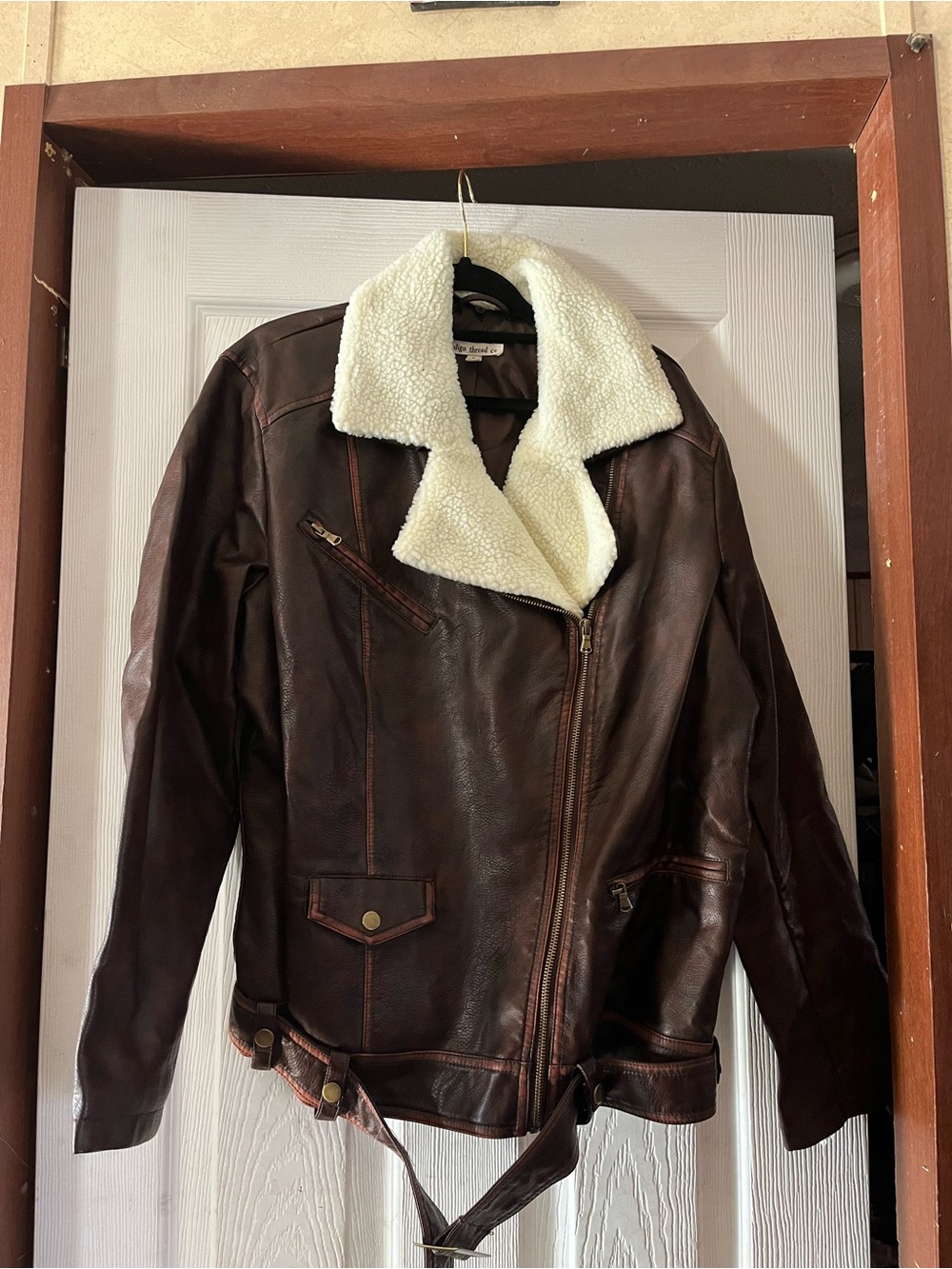 Indigo Thread Co. Brown Faux Leather Sherpa Moto Aviator Jacket - 1X